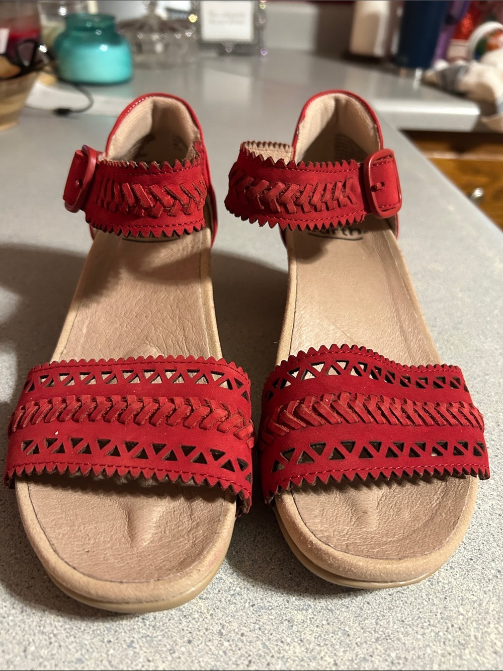 Earth Sz 6Wrap Sandals - women’s two strap, red 2 inch heel and man-made soles.